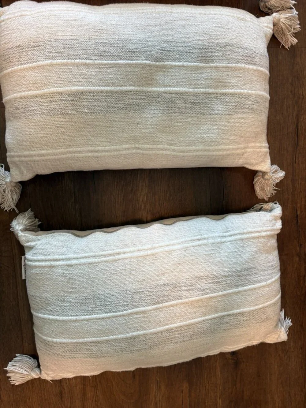 Set of 3 Neutral Boho Lumbar Pillows Cream Woven Tassels 22x13